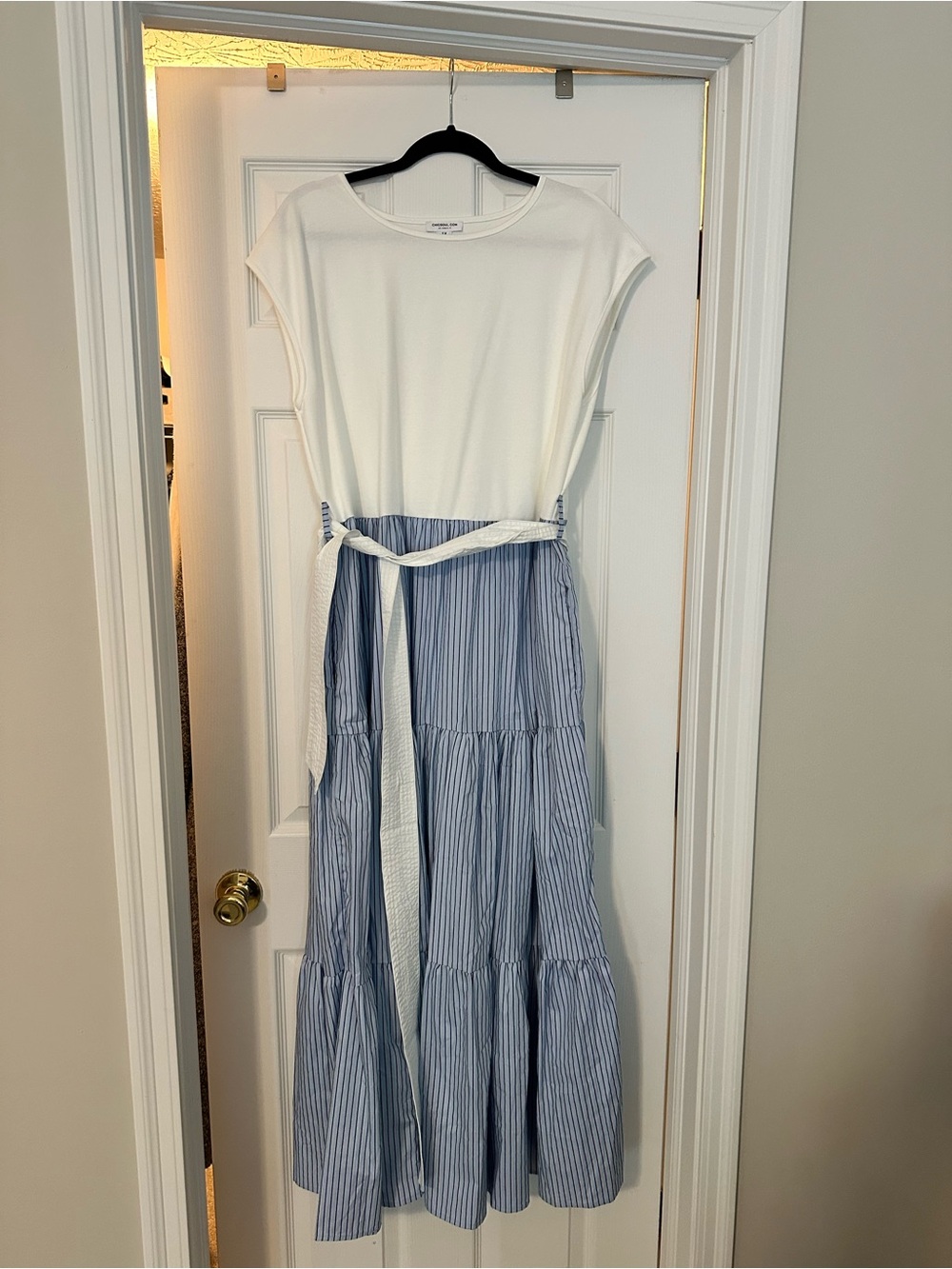Chic Soul White Top with Blue Pinstripe Tiered Skirt Dress Never Been Worn